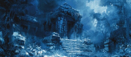 Frozen Mayan Temple in the Jungle: An Abandoned Nocturnal Landscape Shrouded in Mystery and Hoarfrost - obrazy, fototapety, plakaty