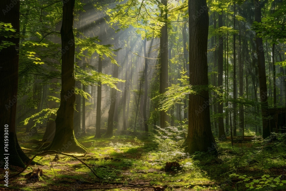 Poster a forest with tall trees, sunlight shining through the leaves and creating rays of light on the grou