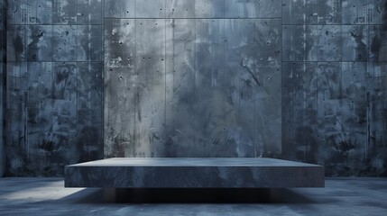 Polished concrete stage with weathered metallic wall backdrop in an empty industrial space