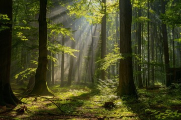 Fototapeta na wymiar A forest with tall trees, sunlight shining through the leaves and creating rays of light on the ground, creating an enchanting atmosphere Generative AI