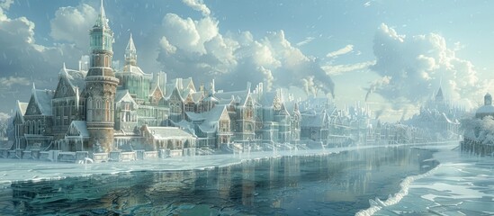 Frozen Magical Metropolis: An Intricately Designed Icebound Cityscape Under a Clear Winter Sky