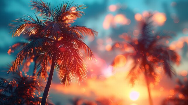 Summer Vacation - Silhouette Tropical Palm Trees At Sunset With Bokeh Lights