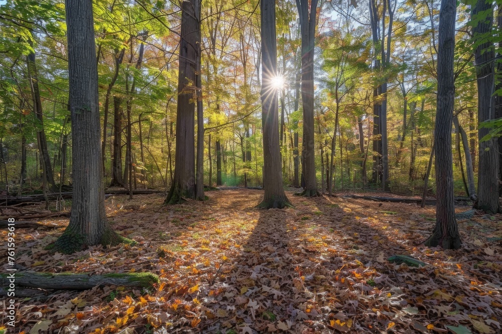 Poster a forest scene with tall trees and sunlight filtering through the leaves, creating rays of light on 