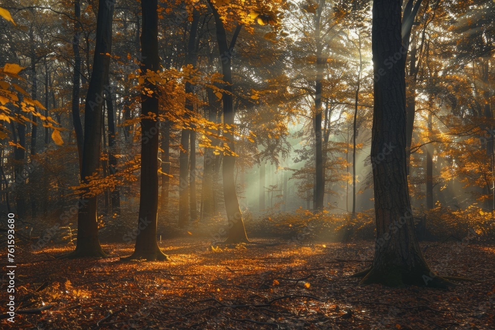 Poster a dense forest with tall trees, sunlight filtering through the leaves creating rays of light on the 