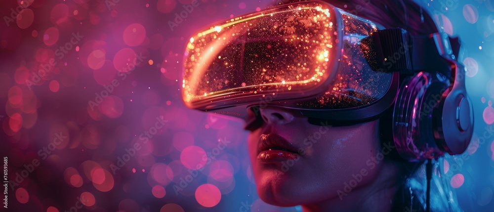 Aufkleber The concept of metaverse and blockchain technology. Person with an experience of the virtual world via a smart phone. Conceptual shot in a futuristic tone.