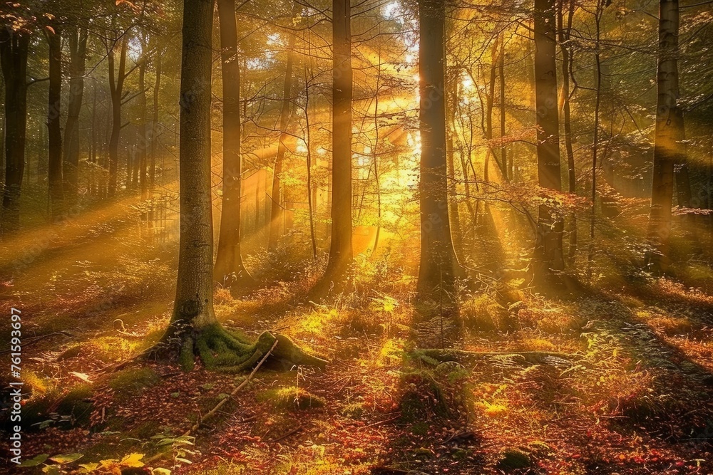 Poster a forest scene with tall trees and sunlight filtering through the leaves, creating rays of light on 