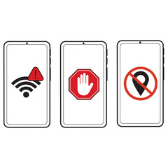 Iconos de Teléfonos inteligentes con símbolo de no localización, sin red, y de parar sobre un fondo blanco aislado. Vista de frente y de cerca. Copy space - 761593653