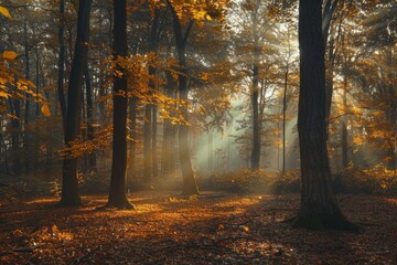 A dense forest with tall trees, sunlight filtering through the leaves creating rays of light on the ground and illuminating an autumn scene Generative AI