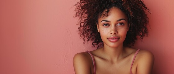 Young African-American female model in trendy outfit sitting on pink background and looking at the camera