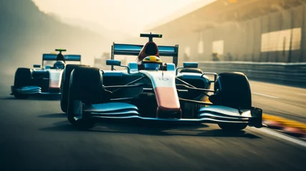 Fotobehang Silver and red Formula 1 car without brand close up driving fast as the race leader with other competitors just behind him and a side sun light with a blurry background © ShkYo30