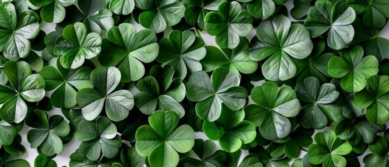 Isolated shamrock leaves on a white background. Patrick Day pub party celebrating clover. Abstract Border art design background. Widescreen clovers with copy space. Top view, flat lay.