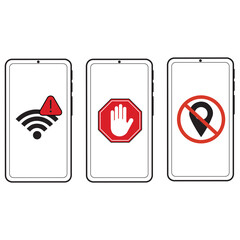 Iconos de Teléfonos inteligentes con símbolo de no localización, sin red, y de parar. Vector - 761594202