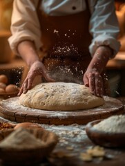 Obraz na płótnie Canvas Two hands on fresh dough, flying flour, black background, baking scene, food photography
