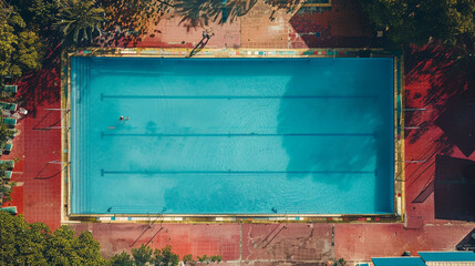 The view from above of an old swimming pool with clear blue water. There are chairs to relax and rest by the pool.
