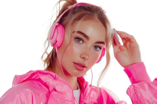 The image shows an isolated young caucasian woman wearing headphones and a sport outfit. She is listening to music while dancing to a bright background and playing her phone. - Powered by Adobe
