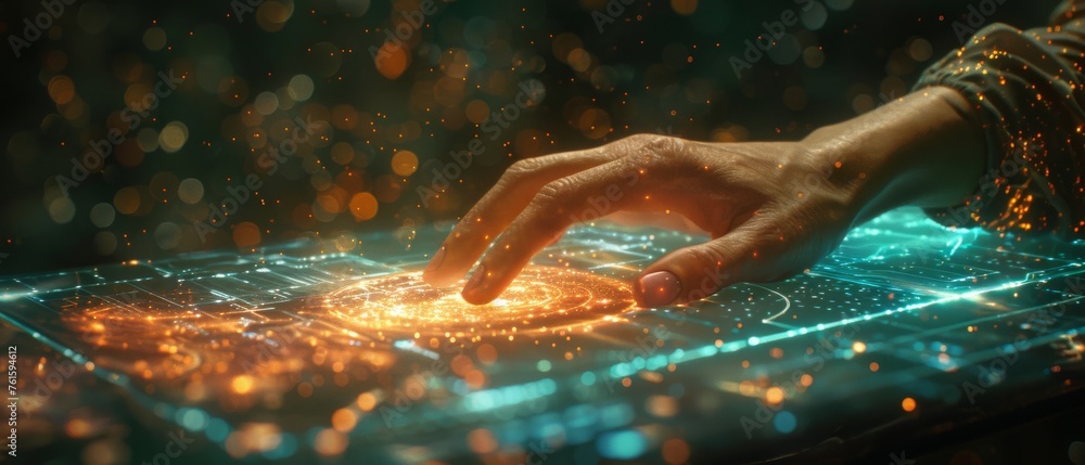 Aufkleber digital transformation conceptual for next generation technology era, hand touching metaverse univer