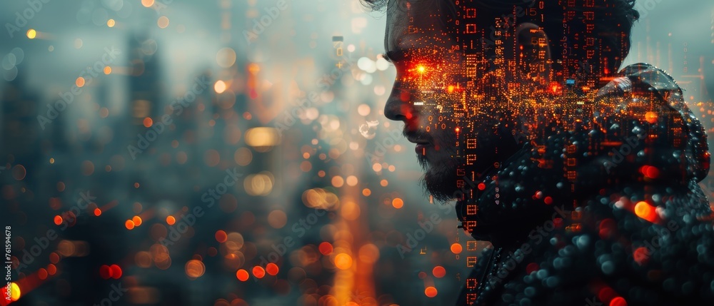 Poster Technology, development, IoT concept, man programming on digital tablet with binary and html code on screen. Double exposure.