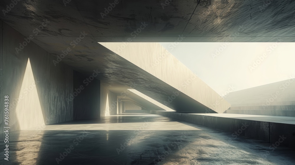 Fototapete An abstract futuristic architecture with an empty concrete floor is rendered in 3D.