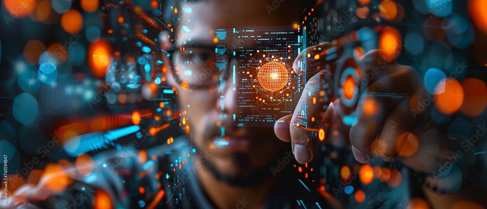 Poster Artificial Intelligence (AI) chatbot chat with man using technology smart robot AI, artificial intelligence by entering command prompt for generating something.