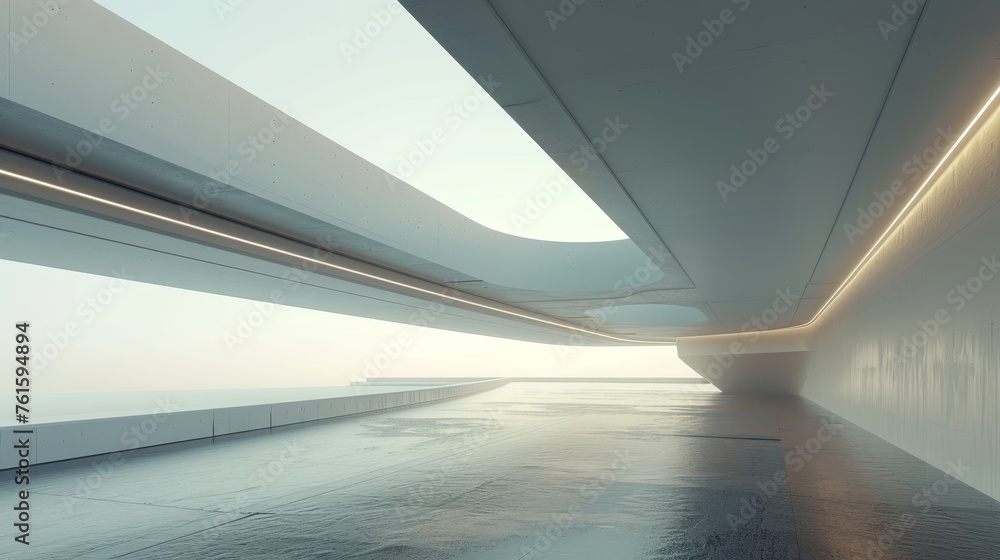Fototapete A 3D rendering of an abstract futuristic architecture with an empty concrete floor. A scene for a car presentation.