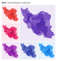 Iran map collection. Country shape with colored regions. Deep Purple, Red, Pink, Purple, Indigo, Blue color palettes. Border of Iran with provinces for your infographic. Vector illustration.