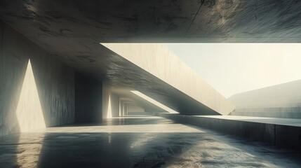 An abstract futuristic architecture with an empty concrete floor is rendered in 3D.