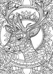 A coloring book for adults. Deer's head. Detailed drawing.