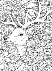 Portrait of a deer in flowers. Detailed drawing. Coloring page.