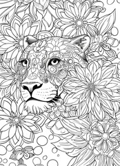 Puma's head in beautiful blooming flowers. Funny portrait. Detailed drawing. Coloring page.