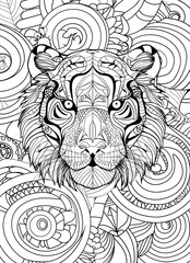 Portrait of a tiger. A coloring book for adults. Detailed patterns.
