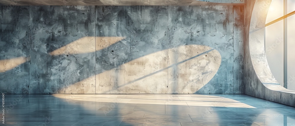Poster Rendering of an empty room with a sunlight cast on it, and a shadow cast by a window. A minimalist design architecture perspective.