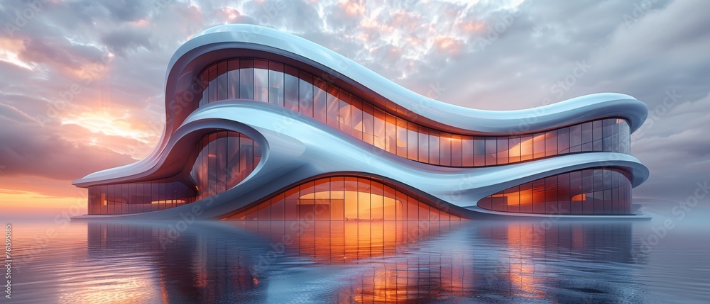 Aufkleber View from low angle showing futuristic architecture. Skyscraper with curving glass windows.......