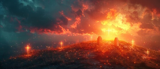 Abstract Glitter in Cave and Abstract Flare Effects in Sky Symbolizing Resurrection - Crosses On Hill And Empty Tombs With Bright Light At Sunset - obrazy, fototapety, plakaty
