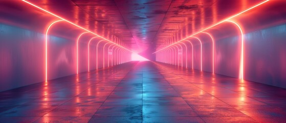 This 3D Sci-Fi Tunnel Style Pathway has High Tech Neon Glowing Cyberpunk Lights Illuminating the Expansive Empty Spaces, guiding you towards a Radiant Shini
