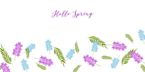 Hello spring text colorful background with flowers. Invitation card template flyer poster web page. Vector illustration.