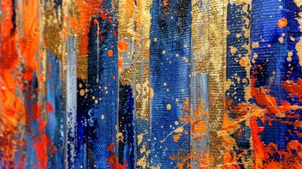 Painting abstract oil. Modern artwork, mural, paint spots, paint strokes, golden elements, orange, gold, blue, knife painting. Large stroke oil painting.