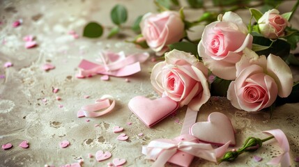 Valentine's Day background with pink roses, bow, and hearts made of paper