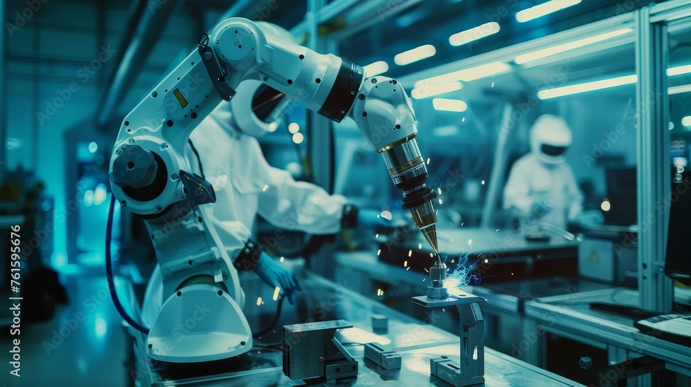 Aufkleber A manager engineer checks and controls robots on real-time monitoring systems in intelligent factories, welding robotics, and digital manufacturing processes.