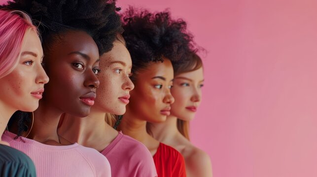 Multiracial group of women standing together and looking on camera. White, African, Asian, and Caucasian women are represented against a pink background.
