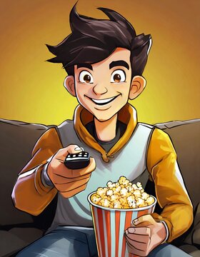 Junger Mann mit Fernbedienung und Popcorn 