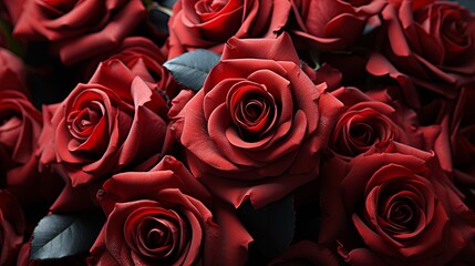 Close-up background of red roses with large buds, template greetings card banner For festive Valentine's day wishes and Women day, generative AI - obrazy, fototapety, plakaty