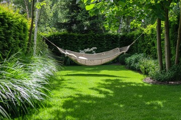 young green mown grass, green bushes, ornamental grass and a hammock in the background - obrazy, fototapety, plakaty