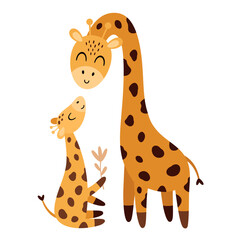 Giraffe clipart. Happy Mothers day clipart. Mom and baby animals in cartoon flat style. Hand drawn vector illustration.