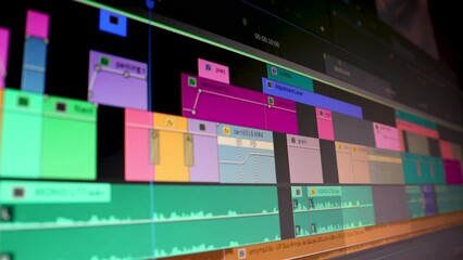 Video editor working. Dolly tracking shot of a computer screen in audio video editing software. Low depth of field.