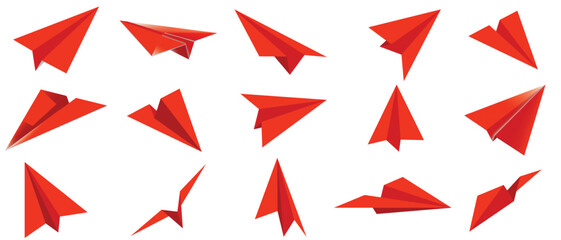 Realistic red paper planes collection. Handmade origami aircraft in flat style. Paper toy for a child. Business concept element, project startup and goal achievement. Vector illustration - obrazy, fototapety, plakaty