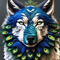 Portrait of a wolf with peacock feathers on his head. wolf peacock hybrid.