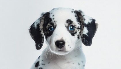  Dog young puppy white and black dots on white background, high quality photo