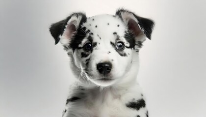  Dog young puppy white and black dots on white background, high quality photo