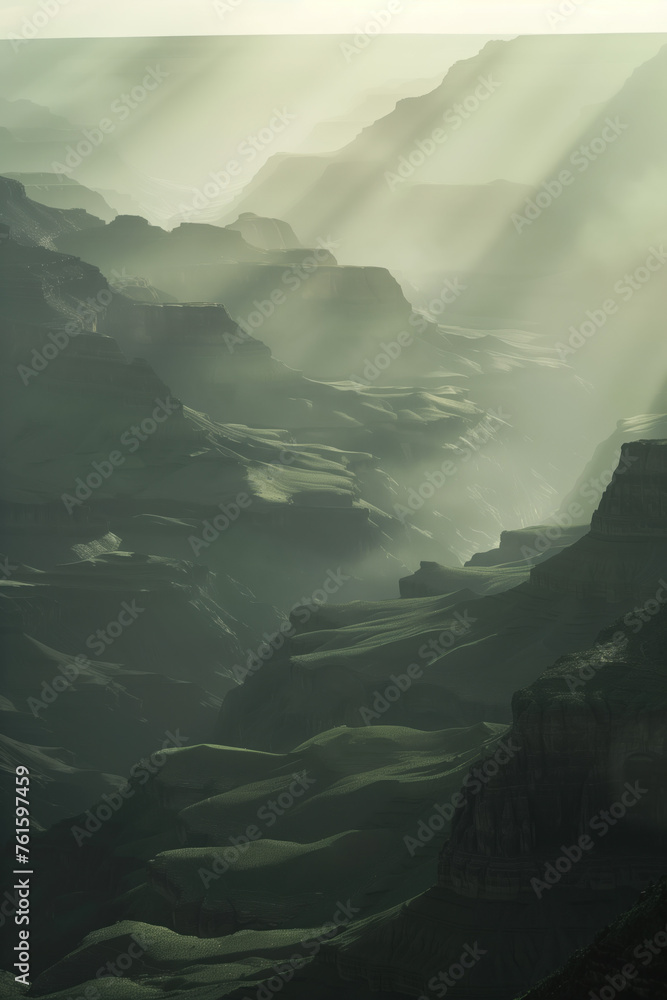 Poster misty canyon. surreal colorful landscape inspired by grand canyon. abstract colorful background imag