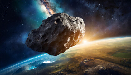 Huge asteroid in space flying towards planet earth. View from space.